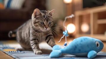 A playful cat approaches a blue whale toy in a cozy indoor setting. photo