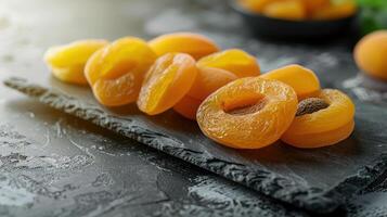 Dried apricots arranged on a slate surface, showcasing their vibrant color and texture. photo