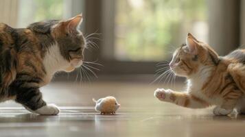 Two playful cats interact with a small toy on a wooden floor. photo