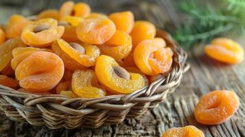 A basket of dried apricots on a rustic wooden surface, highlighting their natural color and texture. photo