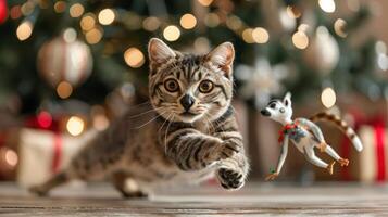 A playful cat leaps towards a toy in a festive setting with a Christmas tree in the background. photo