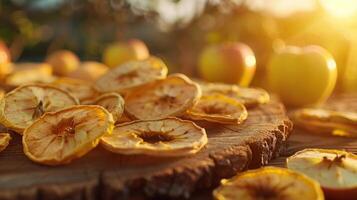 Dried apple slices on a wooden surface with fresh apples in the background during sunset. photo