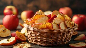 A basket filled with dried apple slices surrounded by fresh apples on a wooden surface. photo