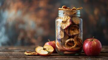 A jar filled with dried apple slices, surrounded by fresh apples on a wooden surface. photo