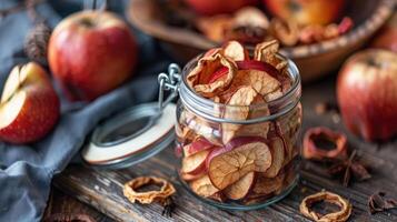 A jar filled with dried apple slices, surrounded by fresh apples and spices on a wooden table. photo