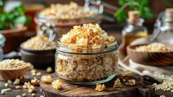 A jar of oats surrounded by various grains and ingredients on a rustic wooden surface. photo