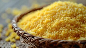 A close-up of yellow couscous in a woven basket, highlighting its texture and color. photo