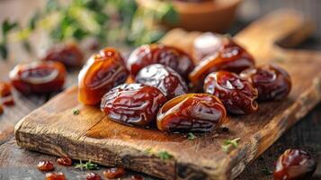 A wooden board displaying fresh, shiny dates, garnished with herbs. photo