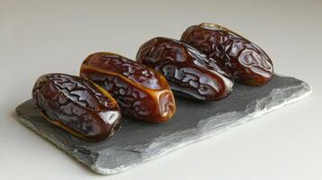A close-up of four dates arranged on a slate serving board. photo