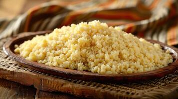 A mound of fluffy couscous served in a wooden bowl, set against a textured background. photo