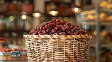 A basket overflowing with dates in a market setting, showcasing fresh produce. photo