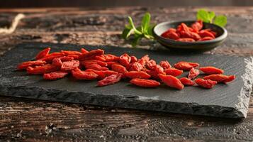 A close-up of dried goji berries displayed on a slate board with a bowl in the background. photo
