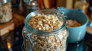 A glass jar filled with oats, showcasing a kitchen setting with another container in the background. photo