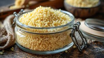 A jar filled with couscous, surrounded by rustic kitchen elements. photo