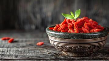 A bowl of goji berries garnished with a leaf, set against a rustic wooden background. photo