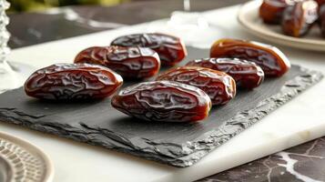 A close-up view of shiny, fresh dates arranged on a slate platter. photo