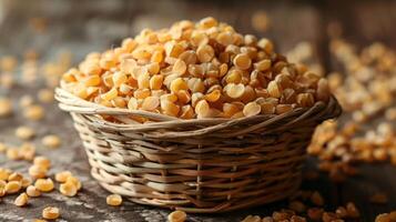 A basket filled with yellow split peas on a wooden surface. photo