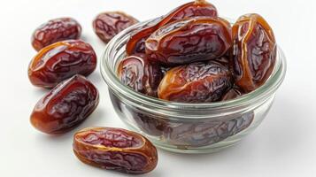 A bowl of fresh, glossy dates on a white background. photo