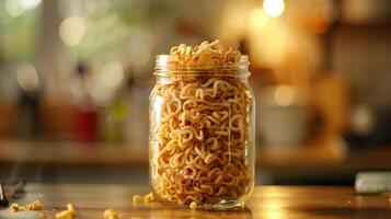 A jar filled with uncooked instant noodles, set against a blurred kitchen background. photo