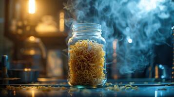 A jar filled with uncooked noodles, surrounded by steam and warm lighting. photo