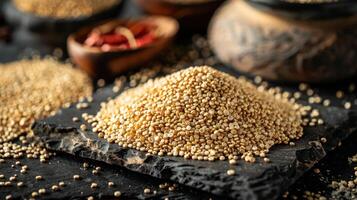 A mound of quinoa grains on a slate surface, surrounded by spices in decorative bowls. photo