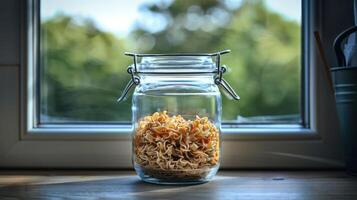 A glass jar filled with uncooked noodles, placed on a windowsill with a natural backdrop. photo
