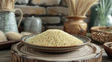 A close-up of a mound of grains on a decorative plate, set against a rustic background. photo