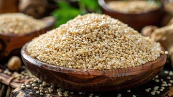A bowl filled with quinoa grains, showcasing its texture and natural color. photo