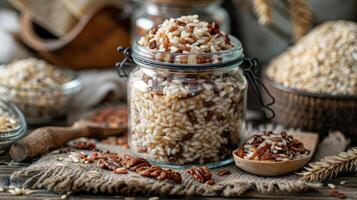 A glass jar filled with rice and nuts, surrounded by grains and rustic kitchen elements. photo