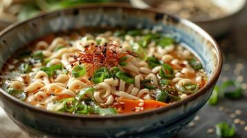 A bowl of flavorful noodles topped with green onions and spices, ready to enjoy. photo