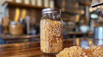 A jar filled with uncooked ramen noodles on a wooden surface. photo