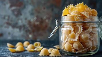 A jar filled with various types of pasta, showcasing their shapes and textures. photo