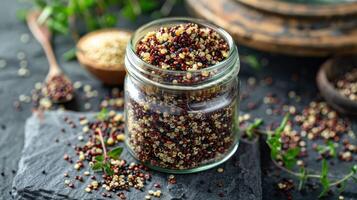 A jar filled with colorful quinoa seeds on a dark surface, surrounded by herbs. photo