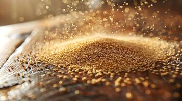 A close-up of a mound of fine grains illuminated by soft light, creating a dynamic visual effect. photo