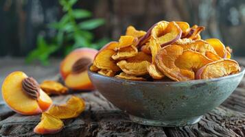 A bowl of dried peaches with fresh peach halves on a rustic wooden surface. photo