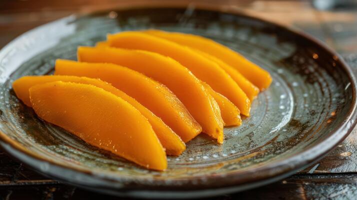 A plate of sliced mango showcasing its vibrant orange color and smooth texture.