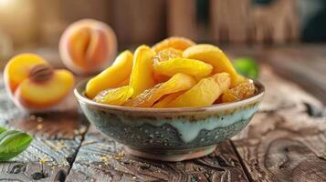 A bowl of dried apricots with fresh apricots on a rustic wooden surface. photo
