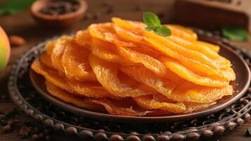 A plate of vibrant, dried mango slices garnished with a mint leaf, showcasing a healthy snack. photo