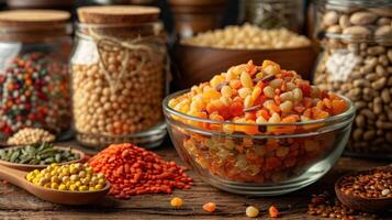 A vibrant display of various grains and seeds in jars and bowls, emphasizing culinary diversity. photo