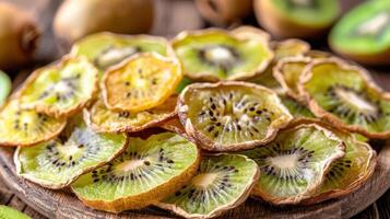 Dried kiwi slices arranged on a wooden surface, showcasing their vibrant colors and texture. photo