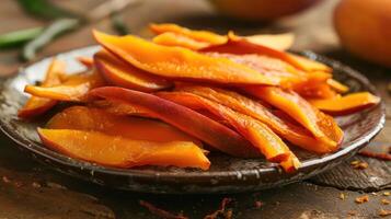 A plate of dried mango slices displayed on a rustic surface. photo