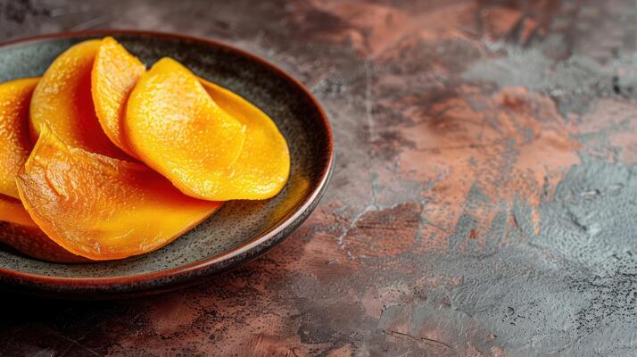 A close-up of sliced mango on a dark plate, showcasing its vibrant color and texture.