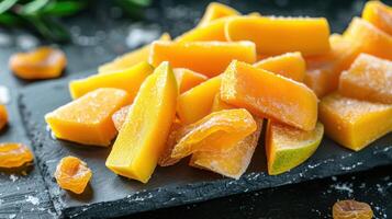 A vibrant assortment of sliced mango and dried fruit arranged on a slate platter. photo