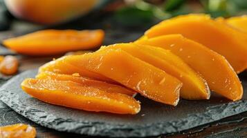Sliced mango on a slate plate, showcasing its vibrant color and texture. photo