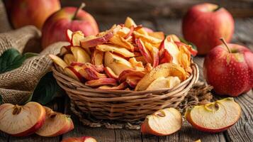 A basket of dried apple slices surrounded by fresh apples on a rustic wooden surface. photo