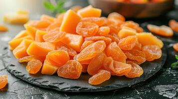 A pile of dried mango and apricot pieces on a slate surface, ideal for snacking or cooking. photo