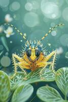 A vibrant, stylized illustration of a bug perched on a leaf, surrounded by a soft, blurred background. photo