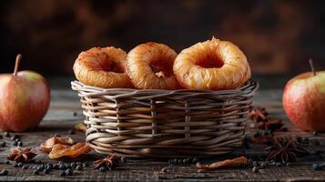 A woven basket holds dried apple rings, surrounded by fresh apples and spices on a rustic table. photo
