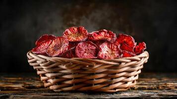 A woven basket filled with dried red leaves, creating a rustic and decorative display. photo