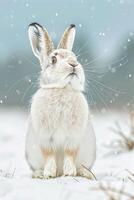 A serene snow-covered scene featuring a rabbit amidst falling snowflakes. photo